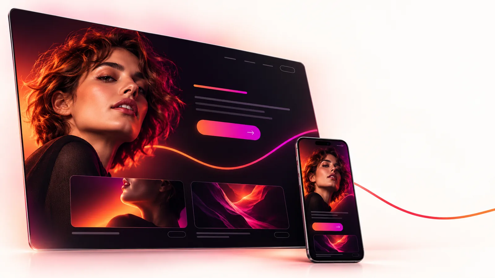 Woman shown across desktop and mobile website interfaces