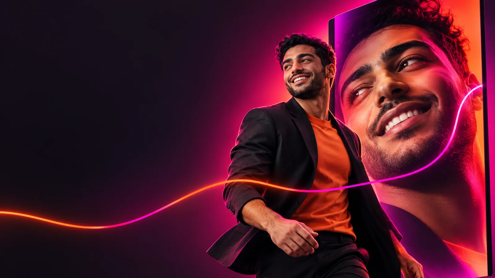Man framed by a digital advertising display with orange and magenta lighting