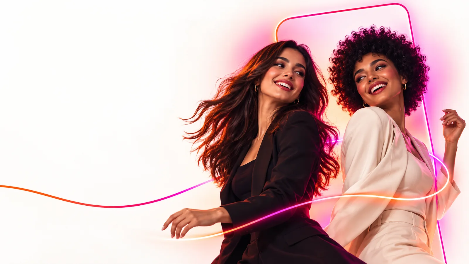 Two women interacting within a social media campaign composition