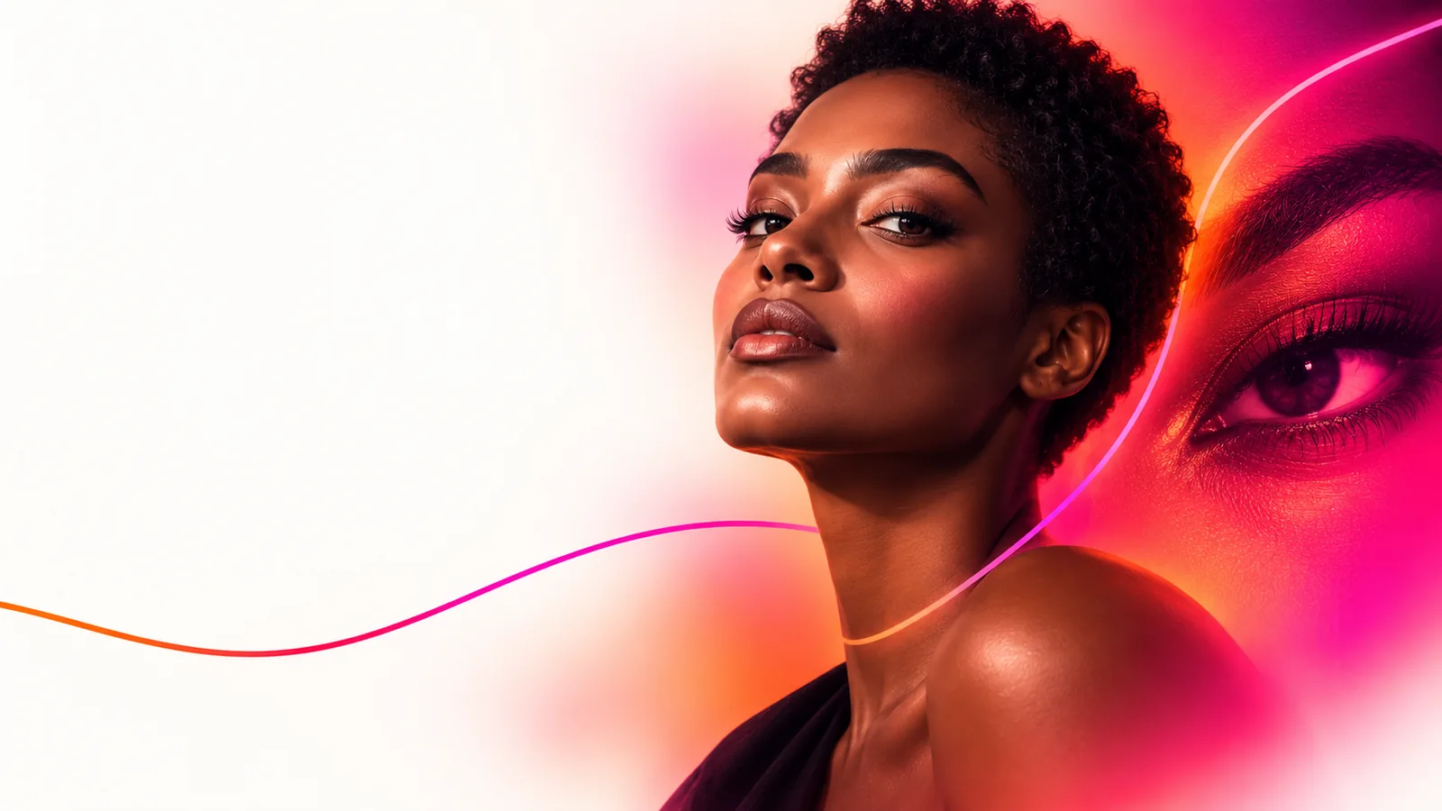Expressive portrait with layered digital campaign imagery