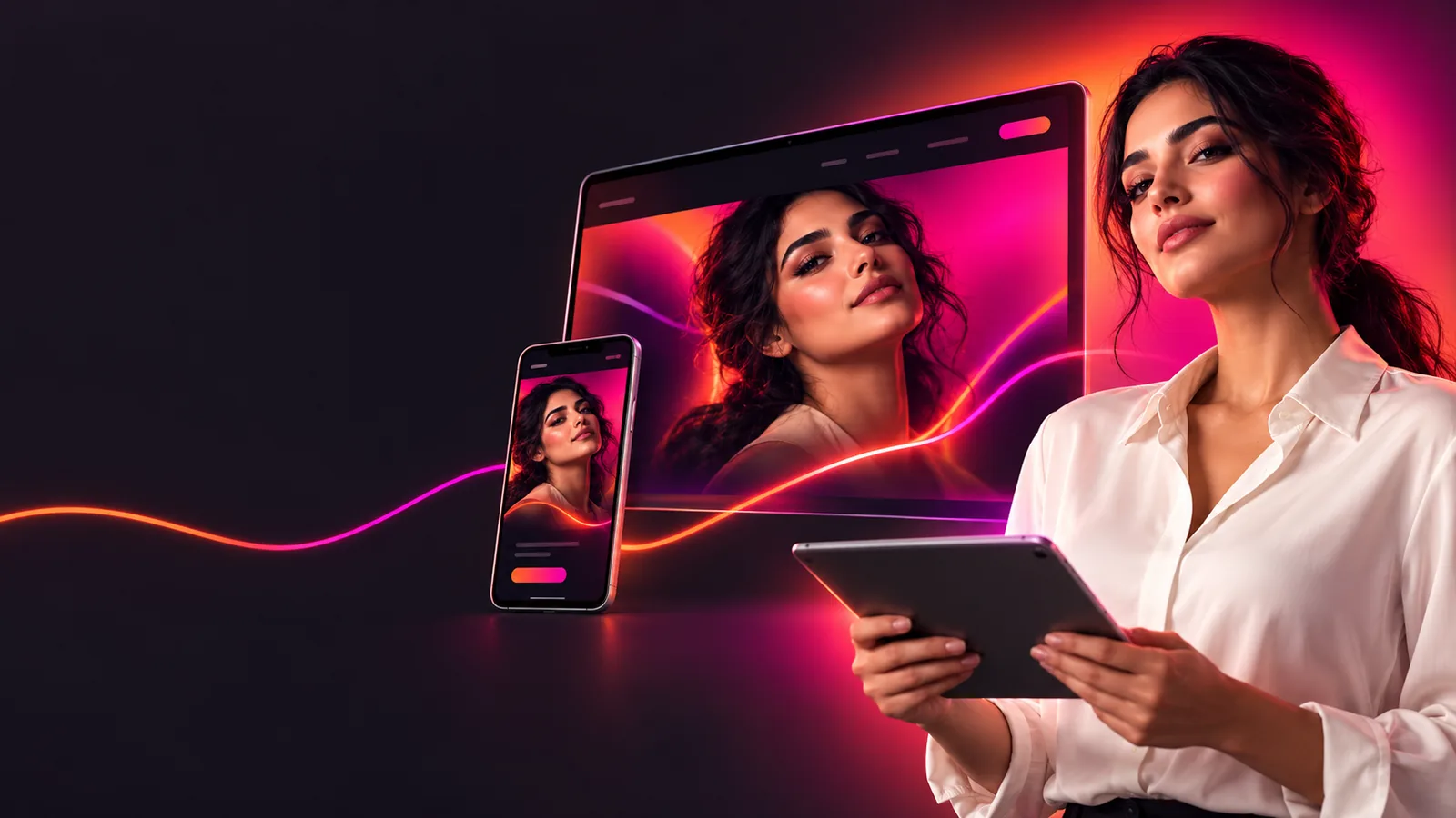 Woman using a tablet surrounded by connected digital screens