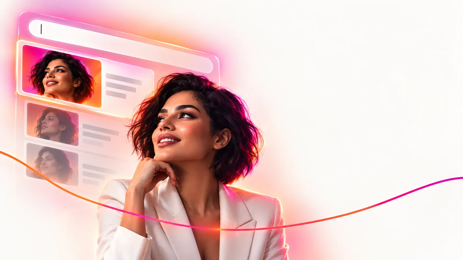 Digital campaign portrait beside a search interface in ADAMS orange and magenta