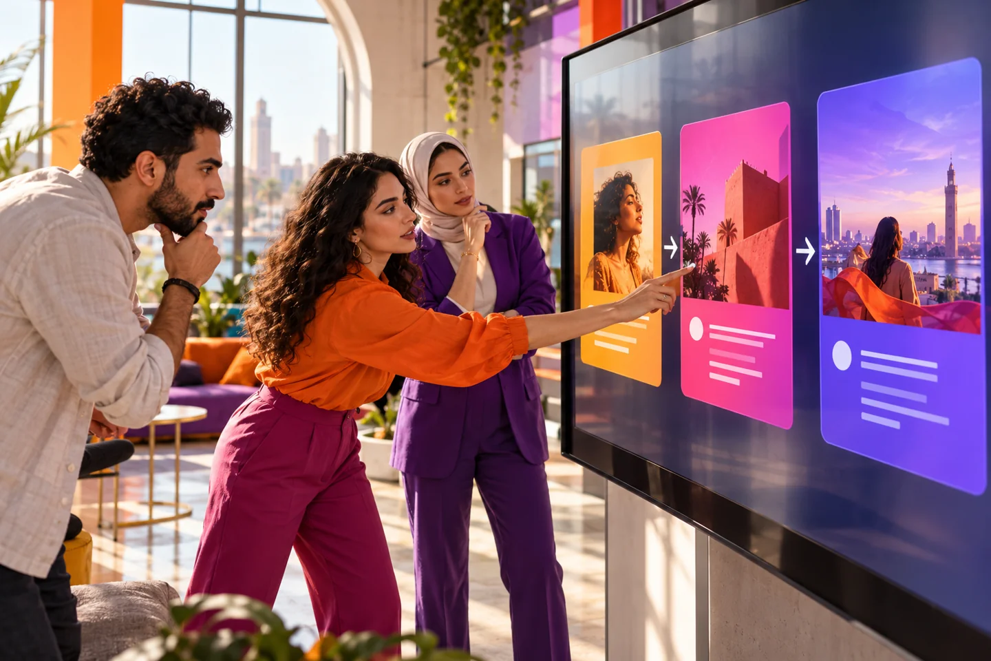 Illustrative digital marketing planning scene in ADAMS orange, magenta and violet