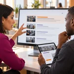 Two marketing professionals reviewing illustrative industrial search results and a service landing page on a monitor and tablet