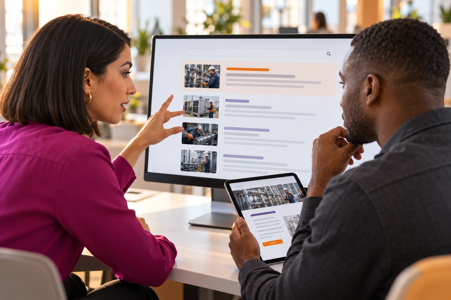 Two marketing professionals reviewing illustrative industrial search results and a service landing page on a monitor and tablet