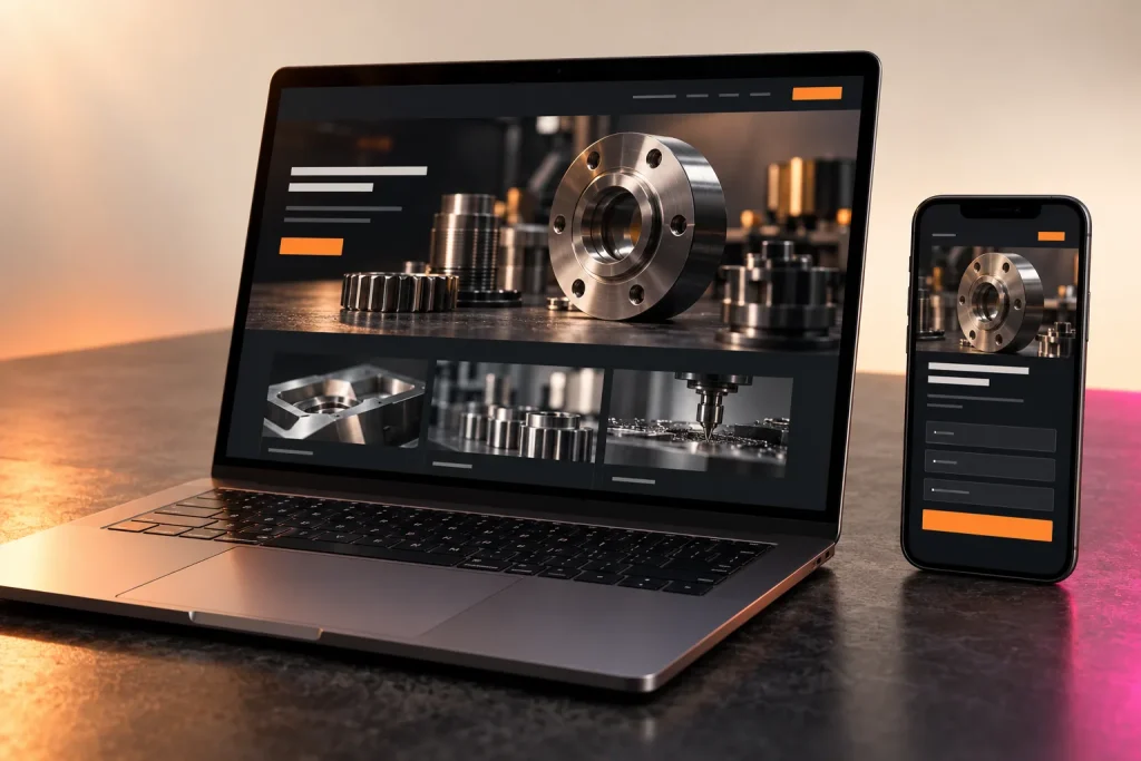 Laptop showing an illustrative industrial website beside a phone with an enquiry form