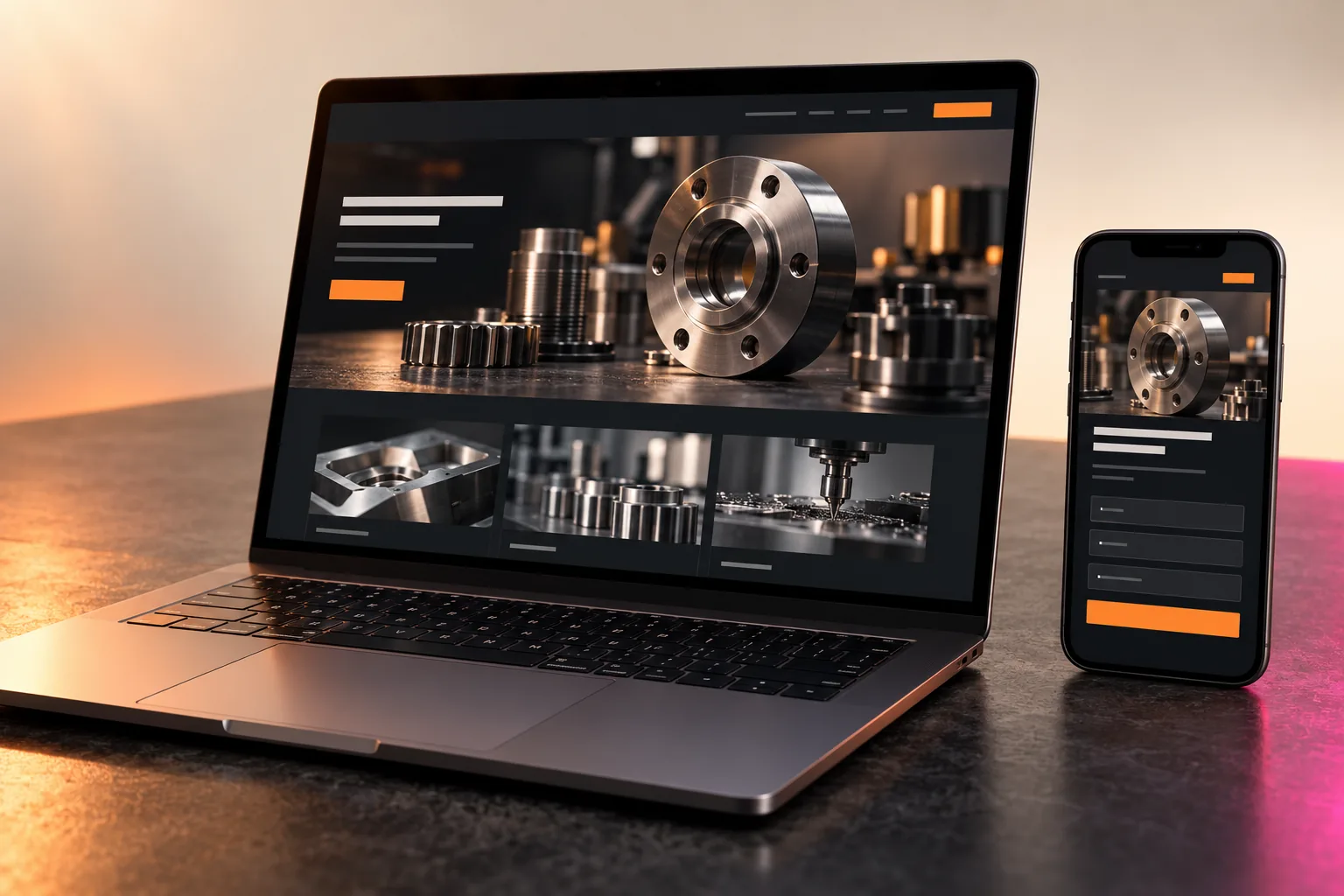 Laptop showing an illustrative industrial website beside a phone with an enquiry form